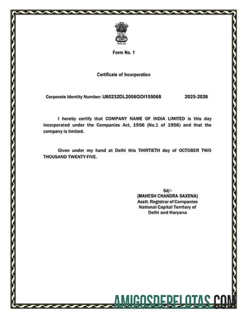 Certificado de Incorporação da Índia para impressão, modelo Word e PDF, Versão 5